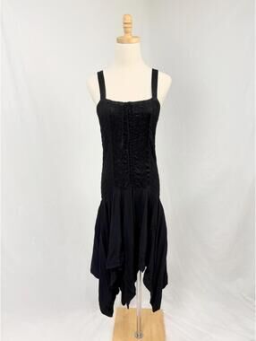 Vintage Y2K Black Whimsigoth Embroidered Handkerchief Hem Dress Small Medium